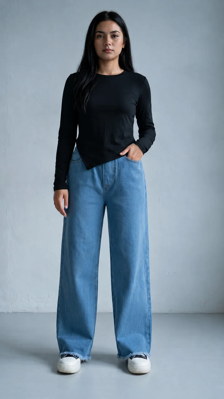 Zara USA - Ice Blue Denim Wide Leg Straight Fit Jeans